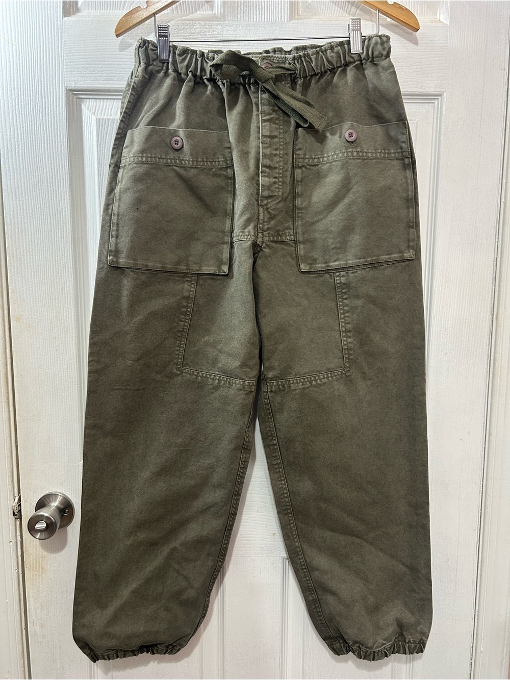 Free People XS Olive Green Cargo Utility Pants Heavy Cotton Elastic Waist Ankle